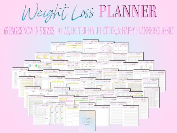 Weight Loss Journal Tracker Planner Workout Fitness Printable Digital Meal Habits Calories Classic Happy PDF Inserts A4 A5 Letter Half