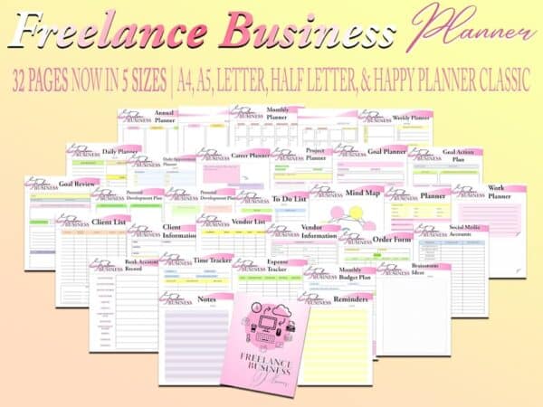 Freelance Business Planner Printable Solopreneur Digital Download Work from Home Small Business Classic Happy PDF Inserts A4 A5 Letter Half