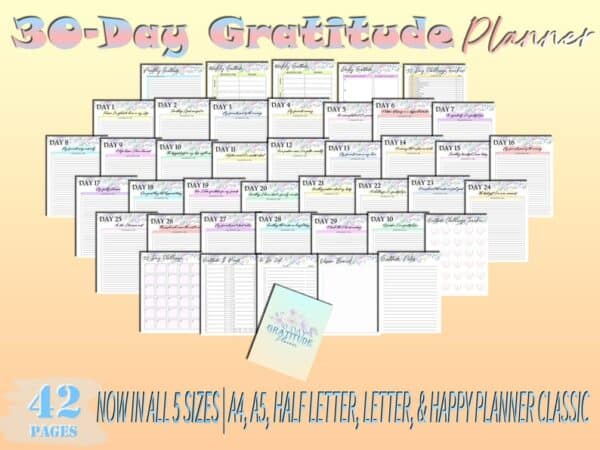 30 Day Gratitude Journal Printable Grateful Planner Mindfulness Digital Download Positivity Wellness Happiness 5 five minute Self Care Daily