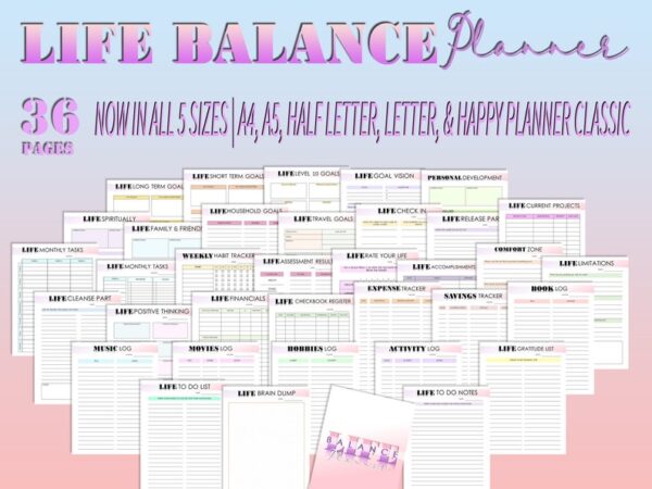 Life Balance Planner Self Care Self Improvement Journal Personal Development Goal Setting Printable Digital Download Binder Classic Happy PD