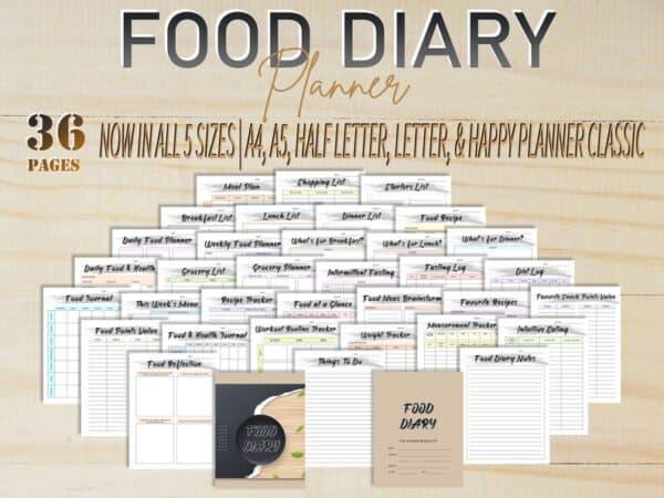 Food Diary Food Journal Meal Planner Printable Fitness Monthly Weekly Digital Menu Recipe Grocery Mindful Eating Breakfast Lunch Dinner