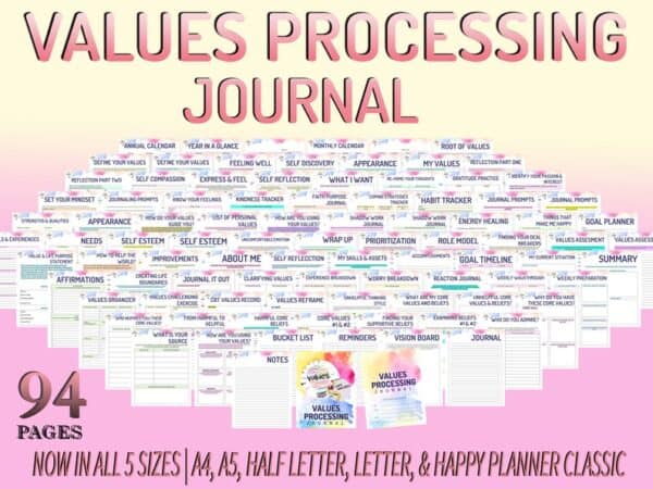 Values Processing Kit Self Care Self Confidence Journal Self Discovery Core Shadow Work Printable Self Esteem Mental Health Digital Download