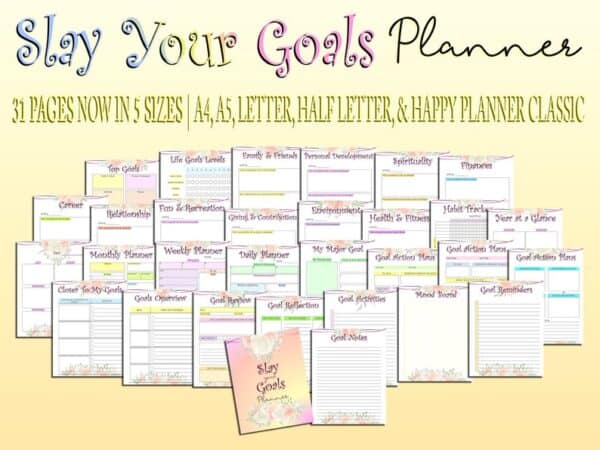 Goals Planner Printable Life Productivity Digital Finances Career Relationships Slay Your Goals Setting Habit Tracker Yearly Monthly Weekly