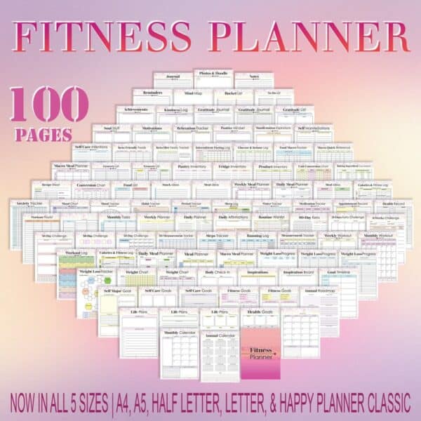 Fitness and Health Planner Weight Loss Printable Workout Journal Diet Tracker Meal Plan Digital Download Wellness Recipe Calories Counter